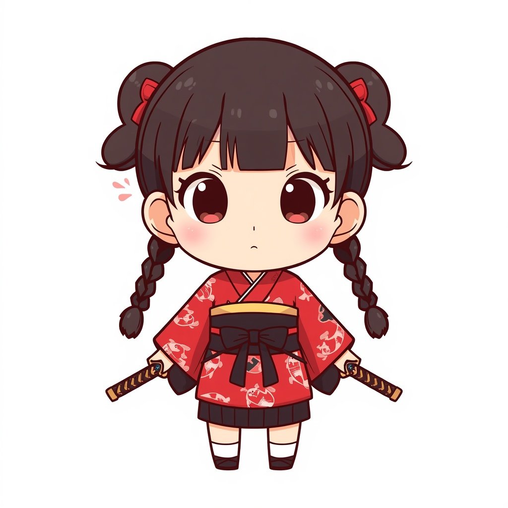 lucid origin chibi girl japanese samurai dark hair twin braids mini katana red and black kimo 0