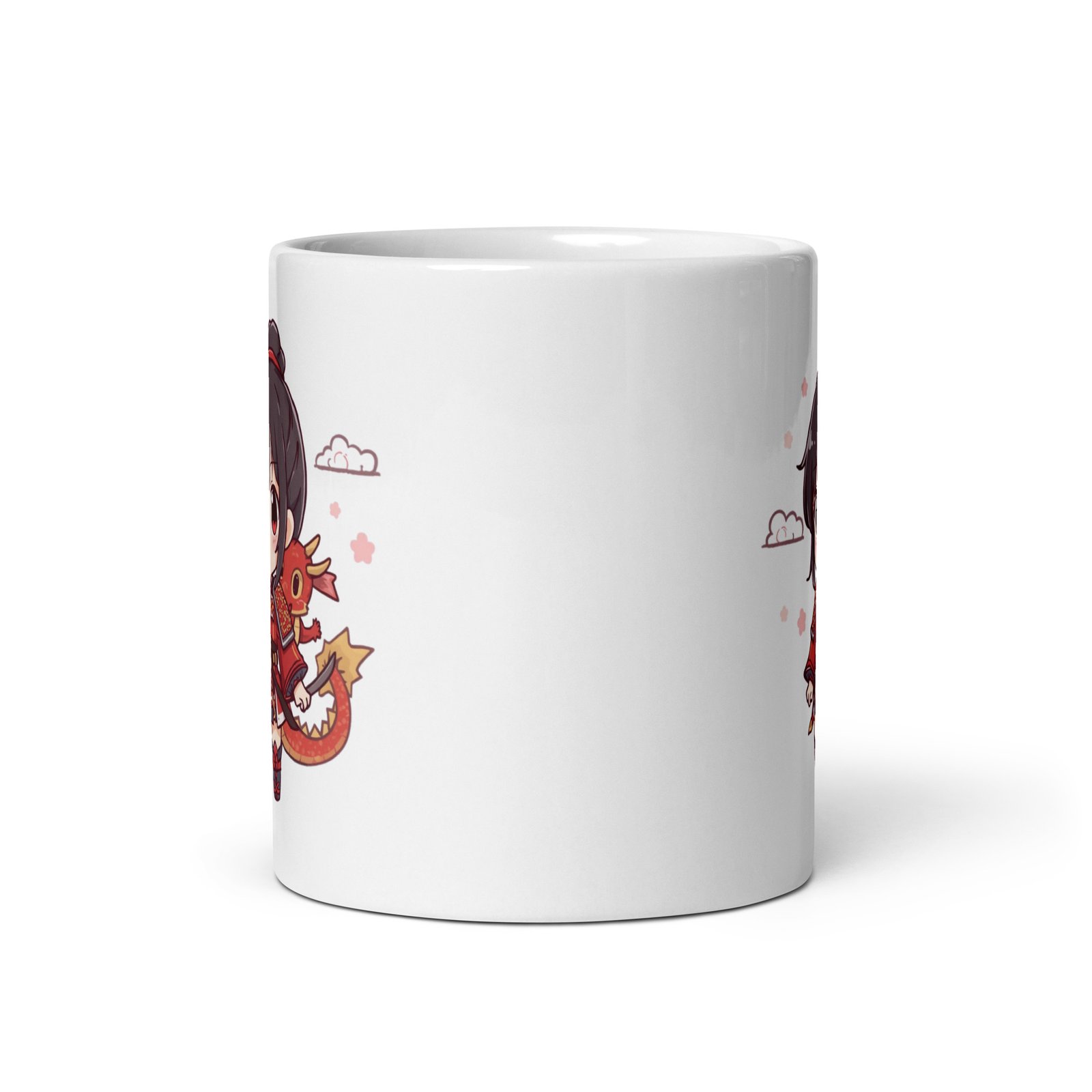 Taza blanca brillante Chibi Samurai con dragón - Imagen 4