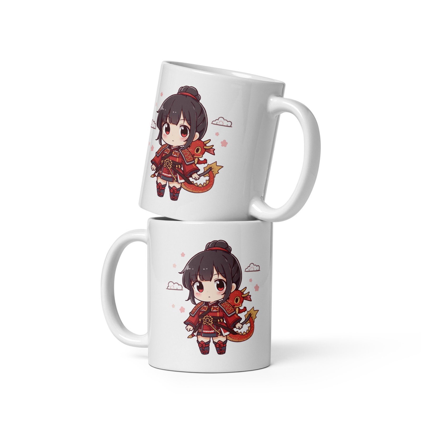 Taza blanca brillante Chibi Samurai con dragón - Imagen 2