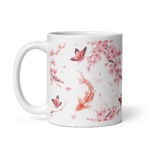 Taza blanca brillante Sakura + Koi