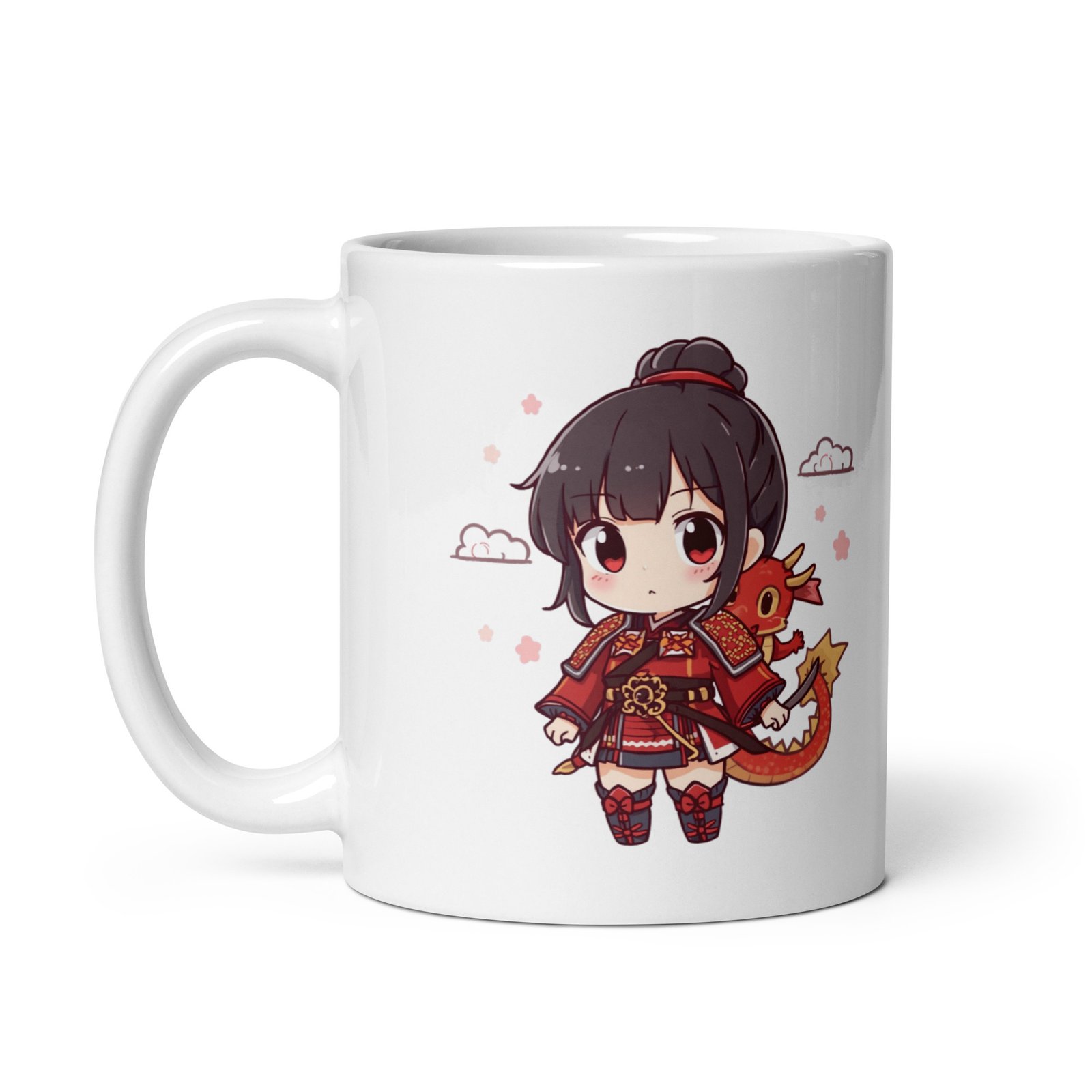 Taza blanca brillante Chibi Samurai con dragón - Imagen 3