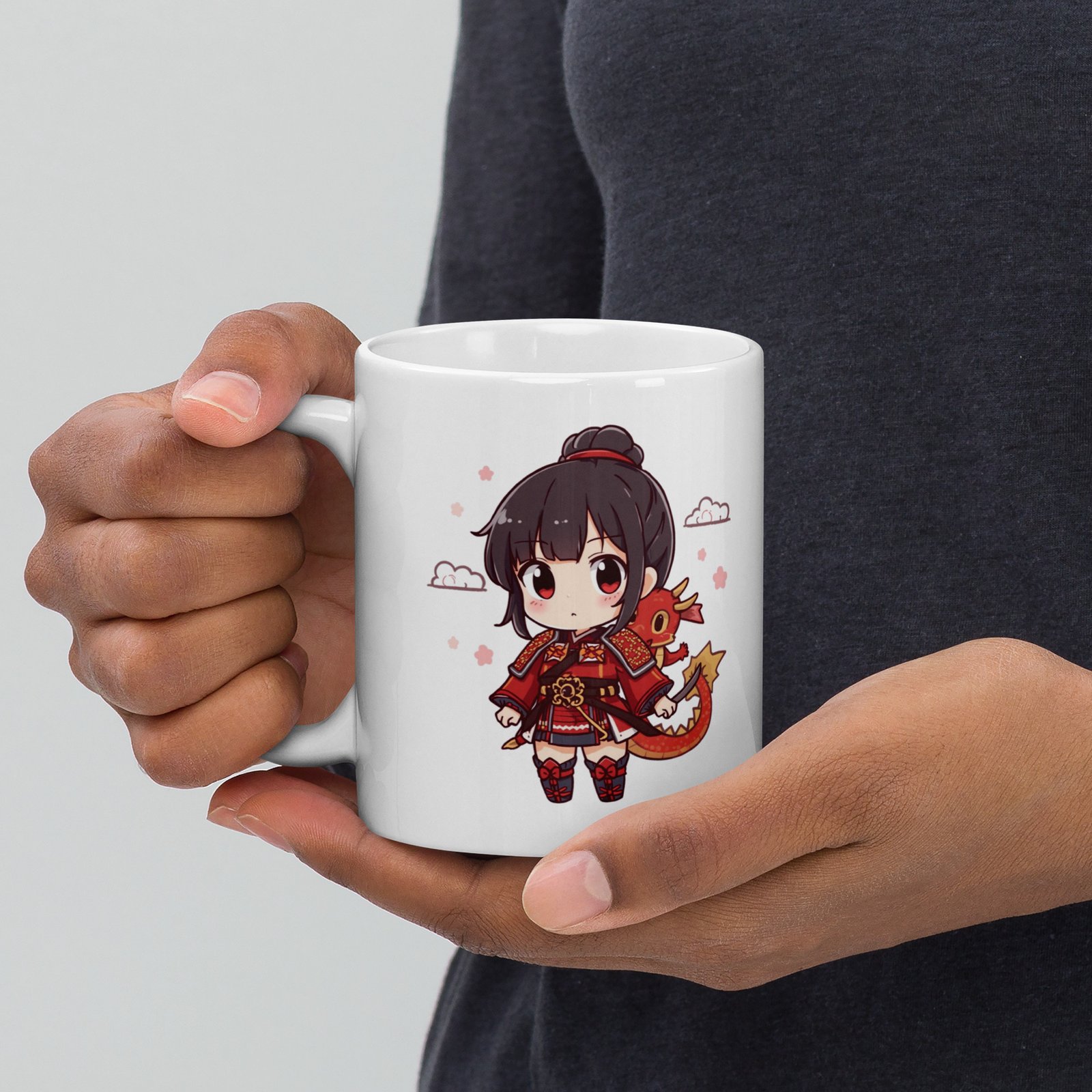 Taza blanca brillante Chibi Samurai con dragón - Imagen 5