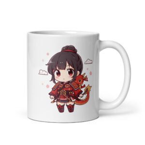 Taza blanca brillante Chibi Samurai con dragón