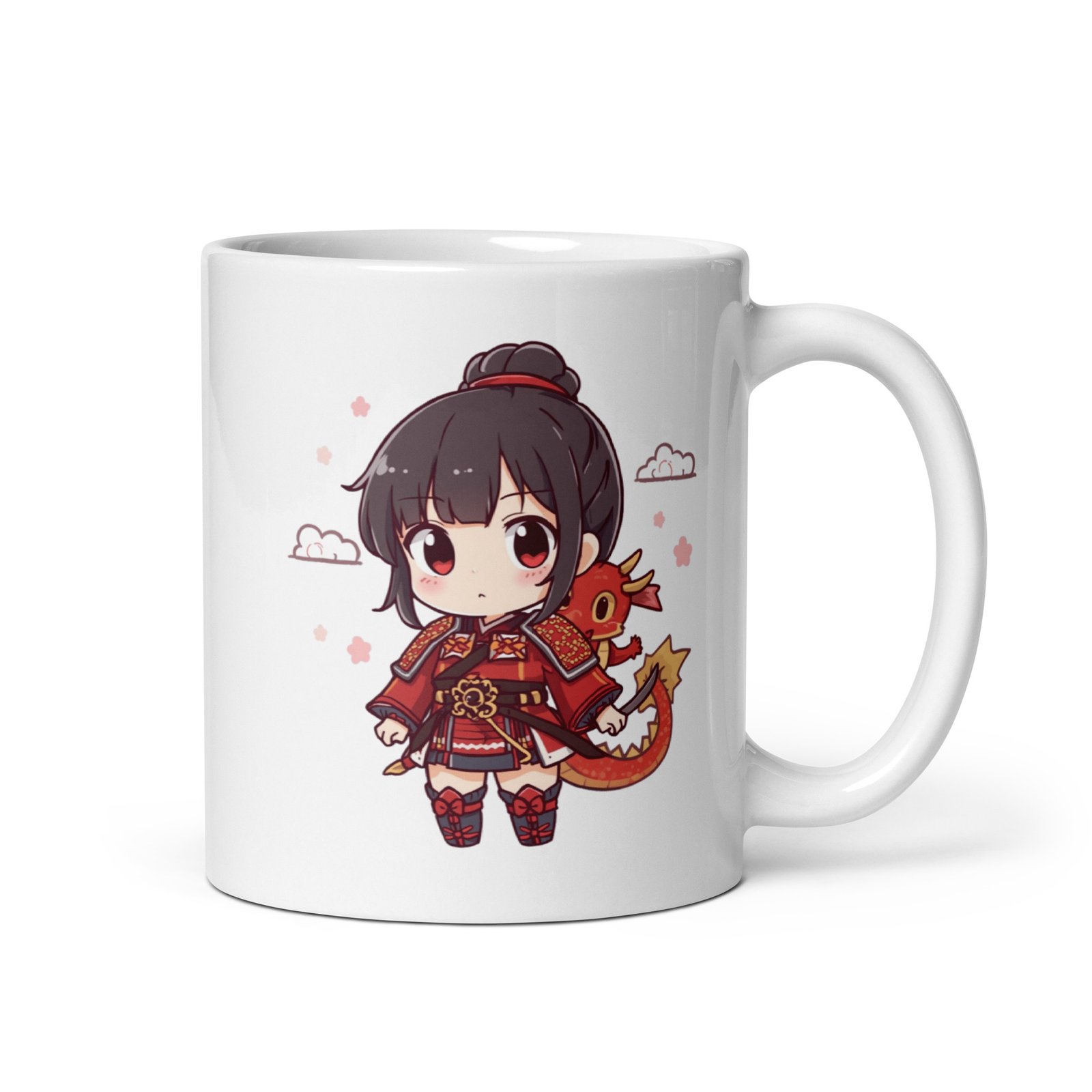 Taza blanca brillante Chibi Samurai con dragón