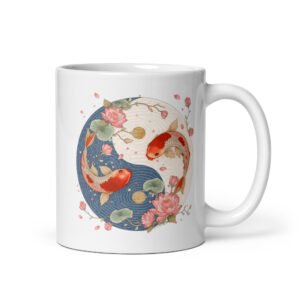 Taza blanca brillante Ying Yang Koi