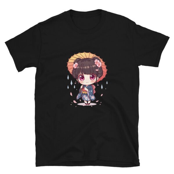 Camiseta negra con chibi japonesa en kimono azul bajo una sombrilla wagasa y lluvia de pétalos de sakura