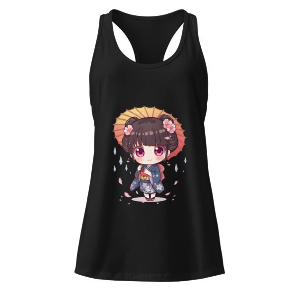 Camiseta de tirantes negra para mujer con chibi japonesa bajo una sombrilla wagasa y pétalos de sakura