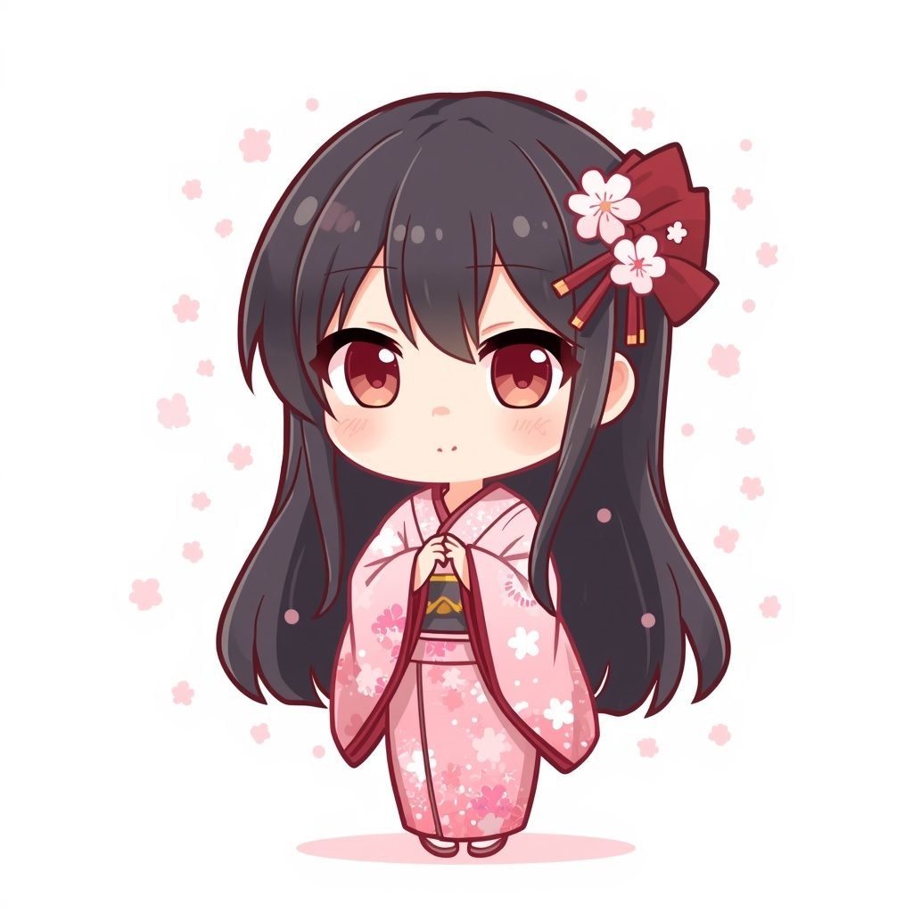 lucid origin chibi girl japanese aesthetic dark black long hair kimono with sakura pattern ha 0