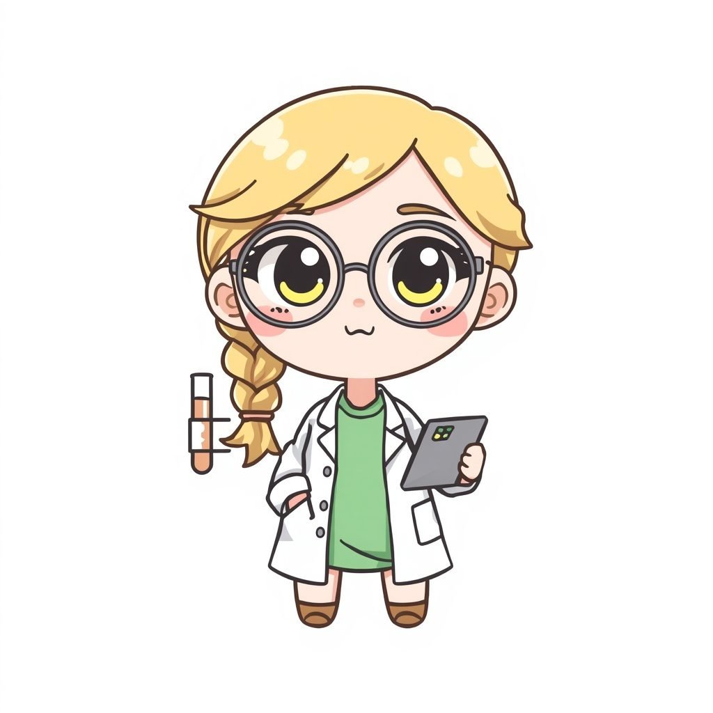 lucid origin chibi girl scientist round glasses blonde hair side braid lab coat big kawaii ey 0